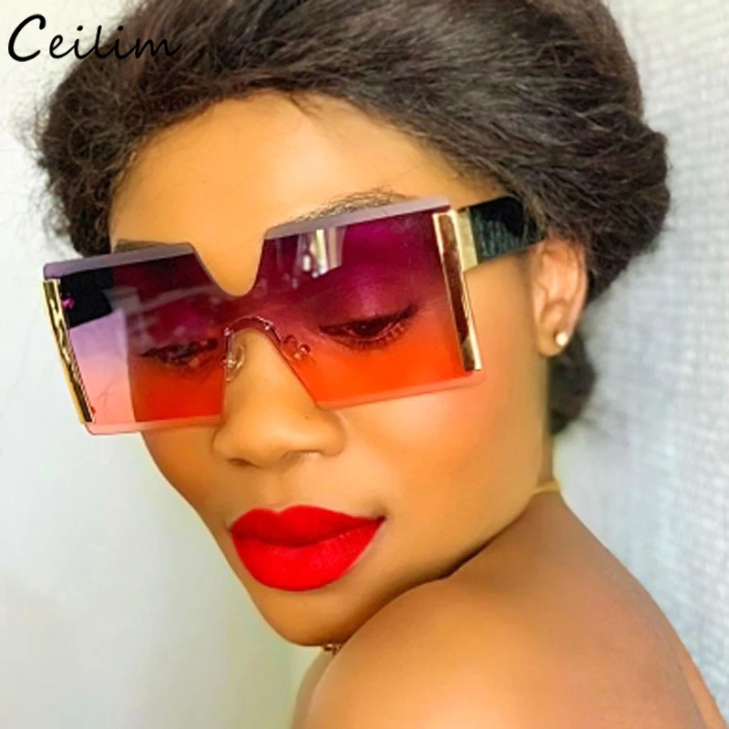 2021 New Big Frame Oversize Sunglasses Women Brand Designer Rimless Square Shades Vintage Fashion Gradient Clear Sun Glasses
