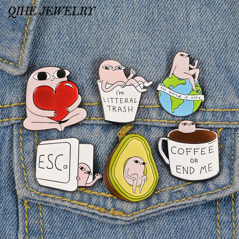 QIHE JEWELRY Meme Lapel pins Funny Trash Life Quote Enamel pins Brooches for Men Women Badges Pins up