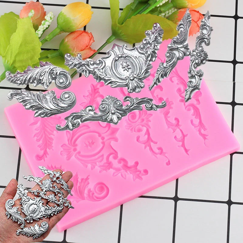 Scrolls Baroque Feather Crown Corner Silicone Mold Cake Border Fondant Cake Decorating Tool Baking Cookie Chocolate Candy Mould