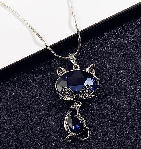 New Fashion Blue Crystal Fox Cat Long Necklaces & Pendants For Women Simple Elegant Trendy Jewelry Sweater Chain