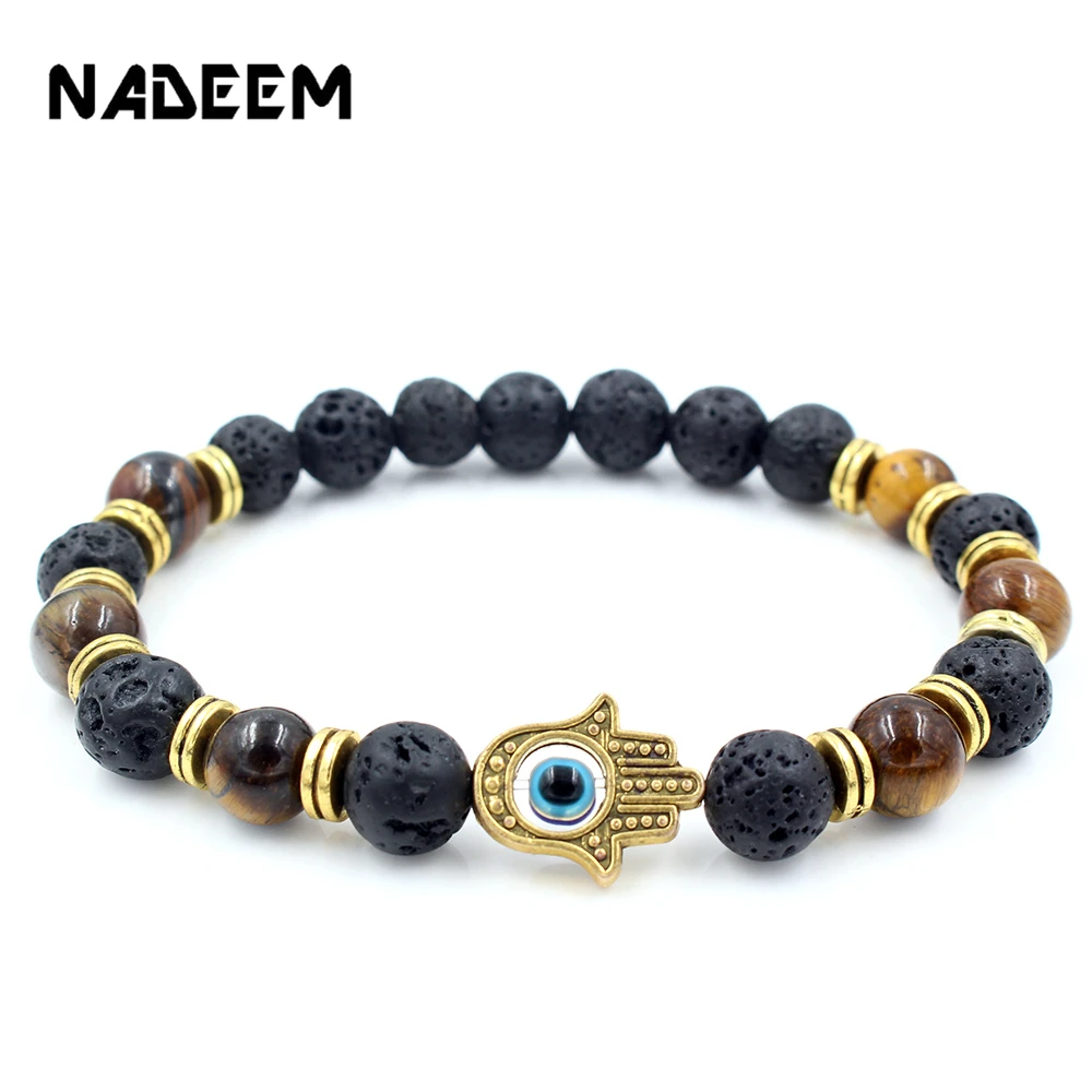 Natural Tiger Eye Stone Hand of Fatima Hamsa Charm Bracelet Black Lava Stone Evil Eye Prayer Bead Bracelet For Men Women pulsera