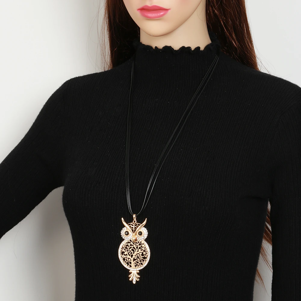 Shefly Tree Of Life Necklaces Women Crystal Long Sweater Chain Necklace BIG Owl Hollow Life Tree Pendant Necklace Female Jewelry