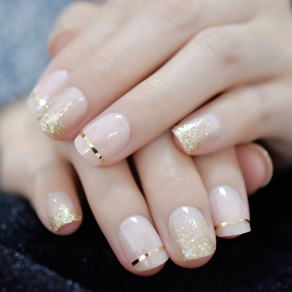 gel Cover False Nails Gold Glitter Nude Ladi's Press On Fingernails Short with Adhesive Tabs Perfect for daily