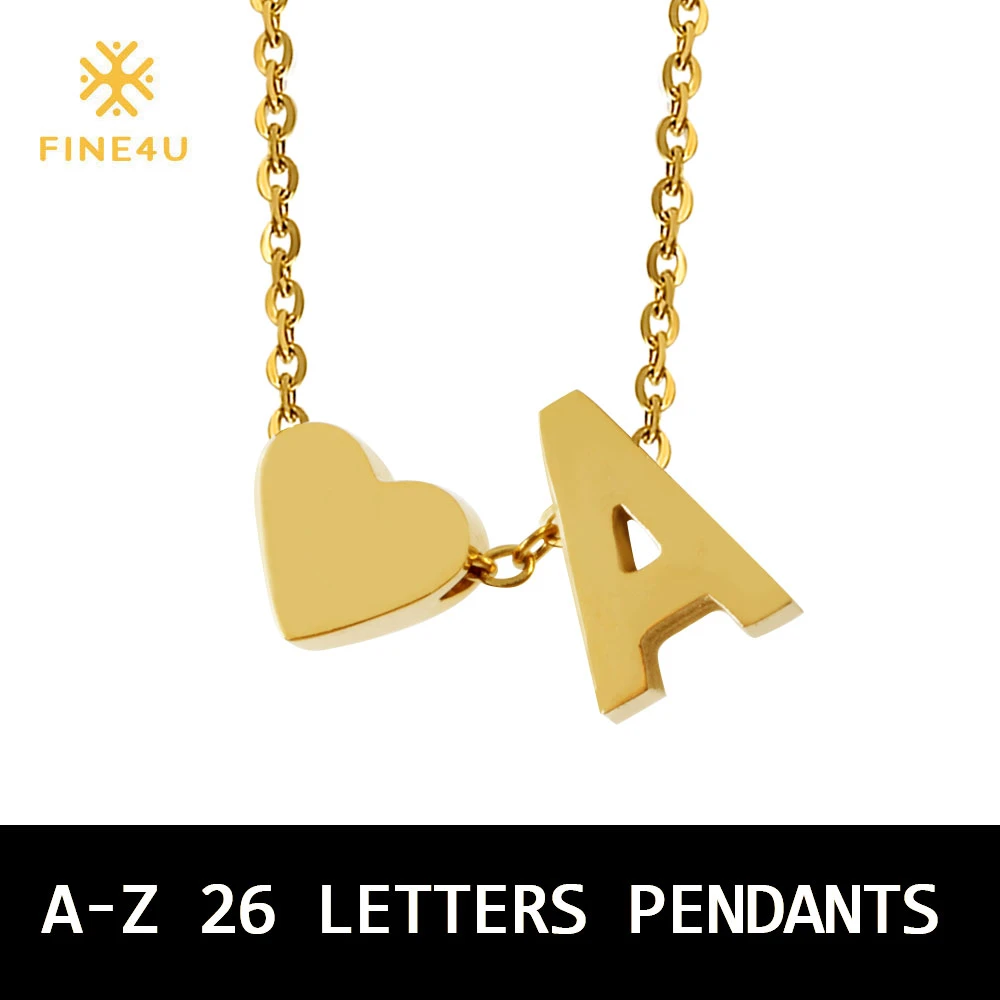 FINE4U N099 Initial Heart Necklace Letter Alphabet Necklace 316L Stainless Steel Letter & Heart Pendants Necklaces For Women