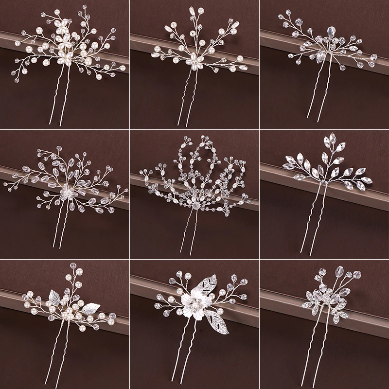 Fashion Silver Color Design Head Jewelry Pearl Rhinestone Hairpins Stick Crystal Bridal Hair Accessories Women Wedding Hair Clip