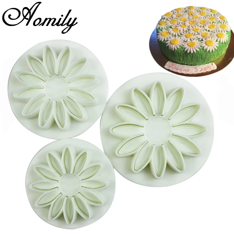 Aomily 3pcs/Set Sunflowers 3D Cookies Fondant Cutter Homemade Cake Pastry DIY Baking Embossed Chocolate Biscuit Mold Decorating