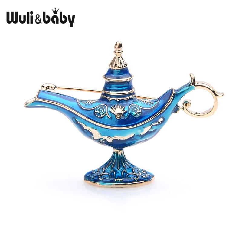 Wuli&baby Red Blue Enamel Aladdin Magic Lamp Light Brooches Women Men 2019 New Fashion Weddings Party Brooch Pins Gifts