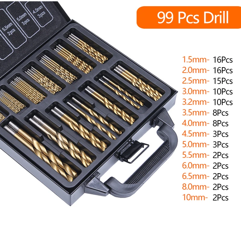99PCS HSS Twist Drill Bit Set 1.5-10mm Titanium Coated Surface 118 Degree For Drilling wood Thin Metal DIY Home Use With Box