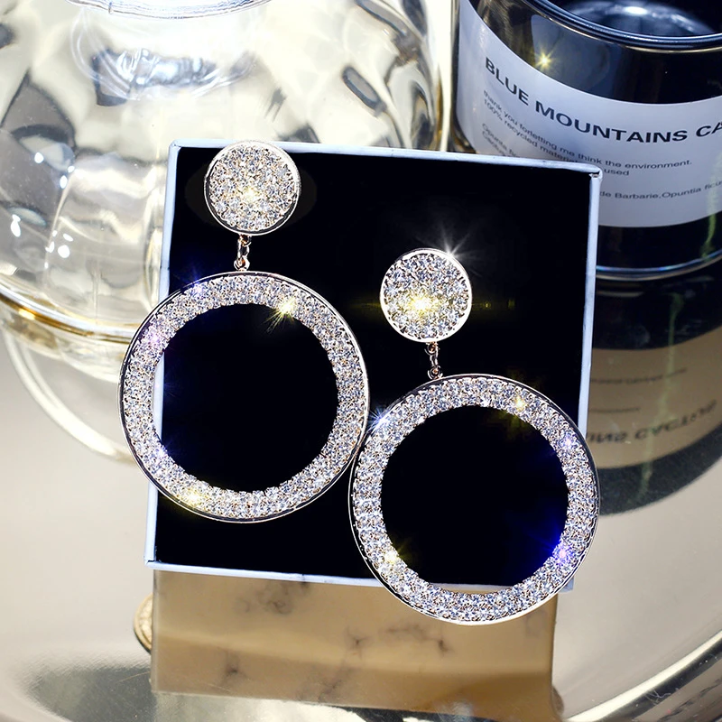 Fashion Shining Circle  Earrings Precision Inlay Gold Silver Color Color Rhinestone Earrings for Women Wedding Party Jewelry