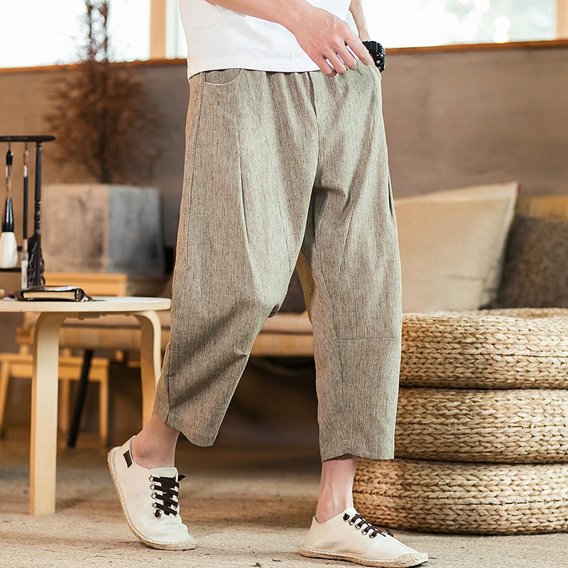 2021 New Fashion Men Casual Harem Pants Summer Trousers Mens Cotton Linen Pants Male Chinese Style Solid Calf-length Pants 5XL