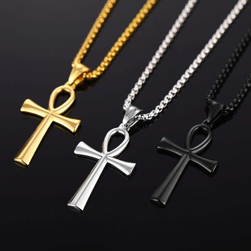 Classic Ankh Cross Pendant Stainless Steel Gold Black Egyptian Key of Life Pendant Necklace Men Women Hip Hop Jewelry