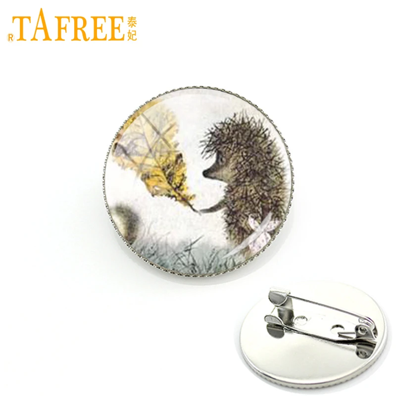 TAFREE Hedgehog In The Fog Brooch men women Pins for Handmade Fashion round Glass nacture cute animal style metal jewelry H238