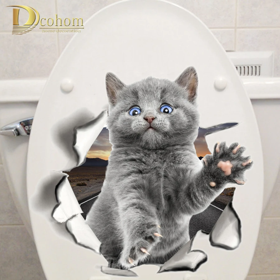 Hole View Cat Dog 3D Wall Sticker Bathroom Toilet Kids Room Decoration Wall Decals Sticker Refrigerator Waterproof Poster