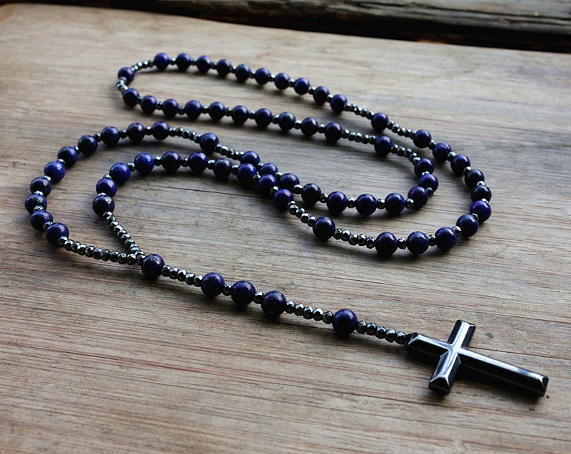 6mm Lapis Lazuli Stone Bead Hematite Cross Pendant Necklace For Men Women Catholic Christ Rosary Cross Pendant