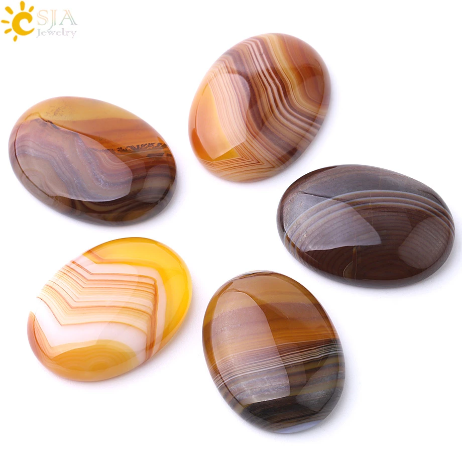 CSJA New 22x30mm 30x40mm Cabochon Flat Back Bead Yellow Veins Agates CAB Natural Stone for Women Men Fashion Jewelry Making F810