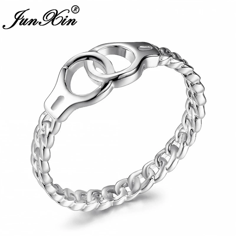 JUNXIN Dainty Handcuff Ring White Gold Filled Thin Chain Ring Simple Stackable Midi Rings For Women Minimalist Jewelry