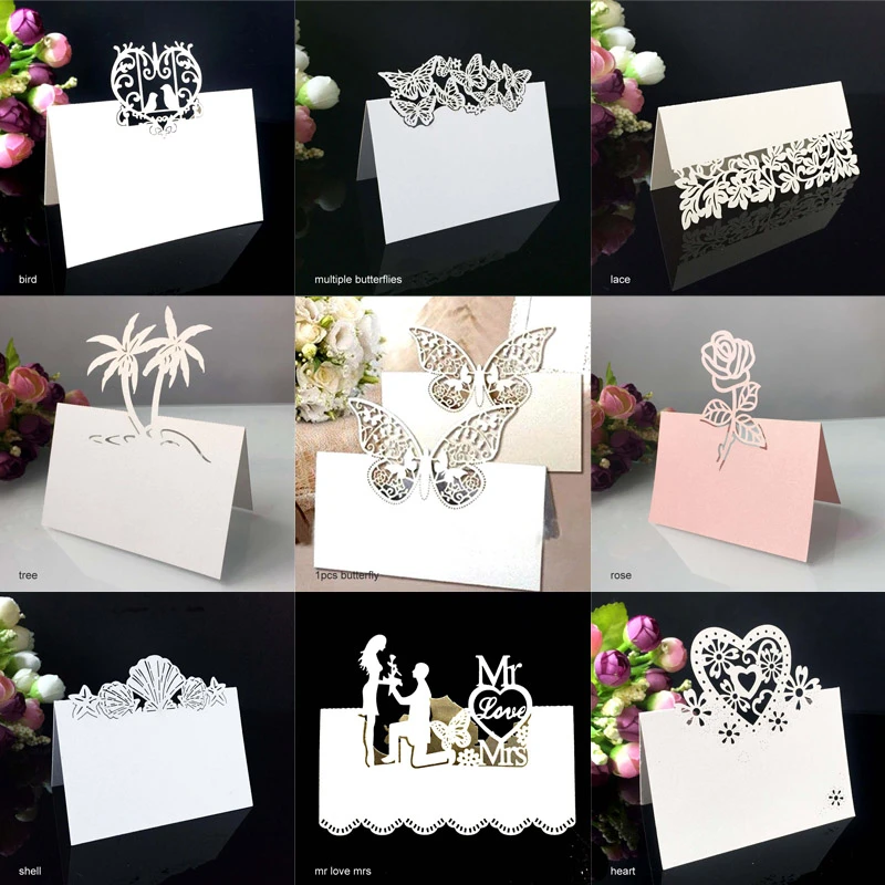 Birthday Party Decor Place Cards Laser Cut 50 Pcs Hollow Pattern Heart Shape Wedding Event Table Name Card Flower Decoupage