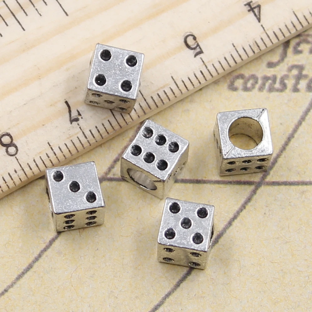 10pcs Beads Casino Lucky Dice 4.5mm Big Hole Charms European Pendant Fit For Bracelet DIY Antique Silver Color Fit Making