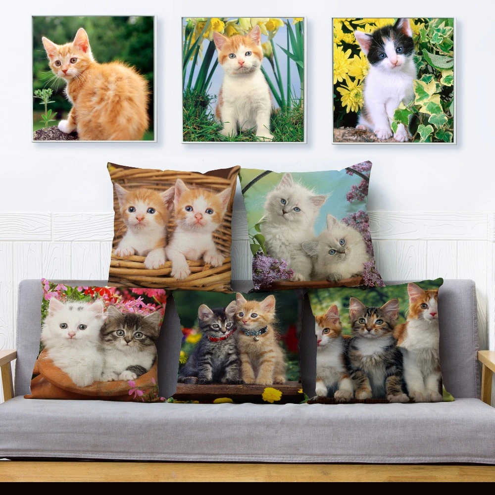 Cute Pet Cat Print Throw Pillow Cover 45*45cm Square Cushion Covers Linen Pillow Case Car Sofa Home Decor Pillows Cases