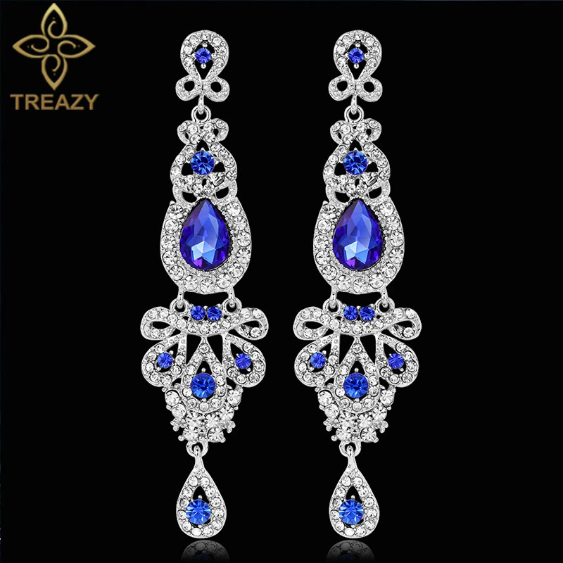 TREAZY Clear/Red/Royal Blue Crystal Wedding Long Drop Earrings for Women 2021 Brides Earrings Prom Jewelry Gifts Femme Pendiente