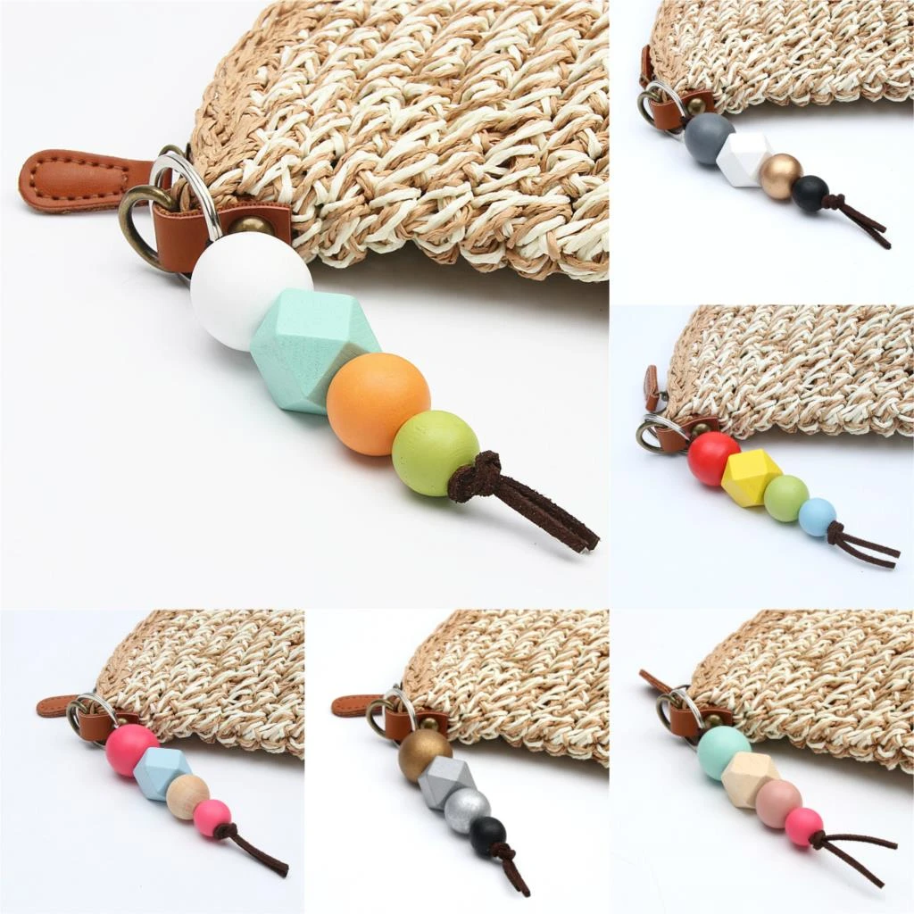 1pc Colorful Wood Beads Geometry Wooden Ball Keychains For Women Handbag Hanging Keyring Summer Handmade Jewelry