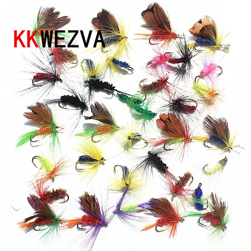 KKWEZVA 30pcs Insect Fly Fishing Lure Artificial Fishing Bait Feather Single Treble Hooks Carp Fish Lure Water surface