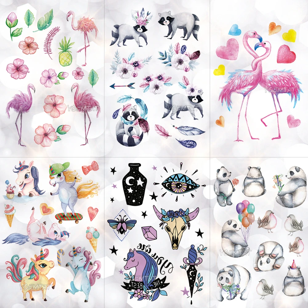 Waterproof Children Cartoon Tattoo Stickers Unicorn Panda Boy Arm Tattoos Temporary Girl Cute Flamingo Horse Flash Tatoos Pony