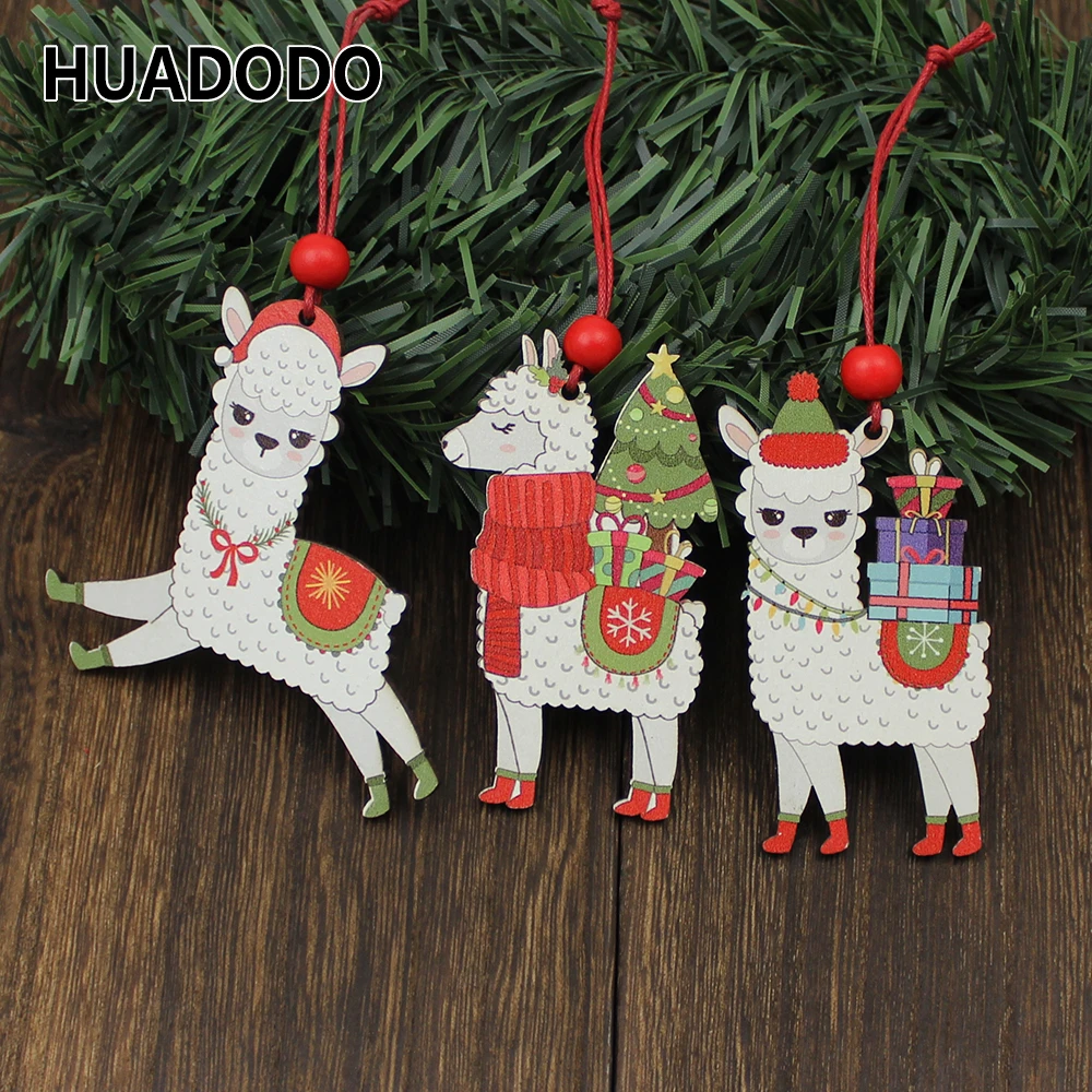 HUADODO 3Pcs Wooden Alpaca Christmas Pendants Ornaments Xmas Tree Hanging Decoration for home New year Decor kids toys