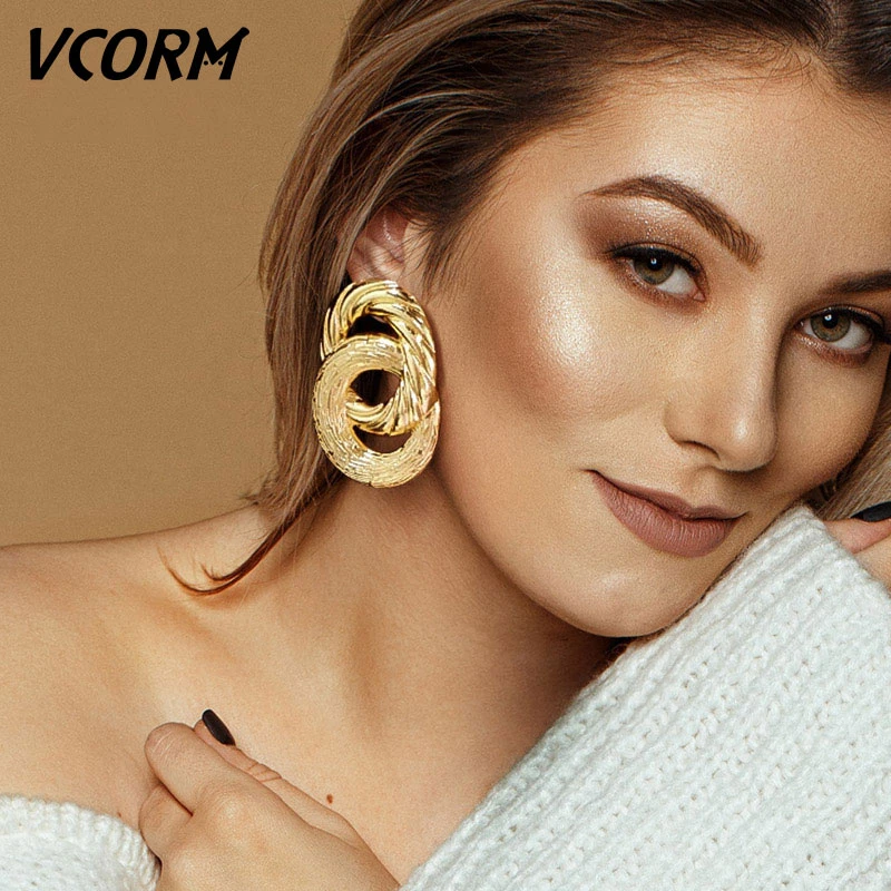 VCORM Vintage Fashion Gold Big Pendant Earrings for Women Geometry Crossed Metal Loops Drop Earrings Statement Women  Jewelry