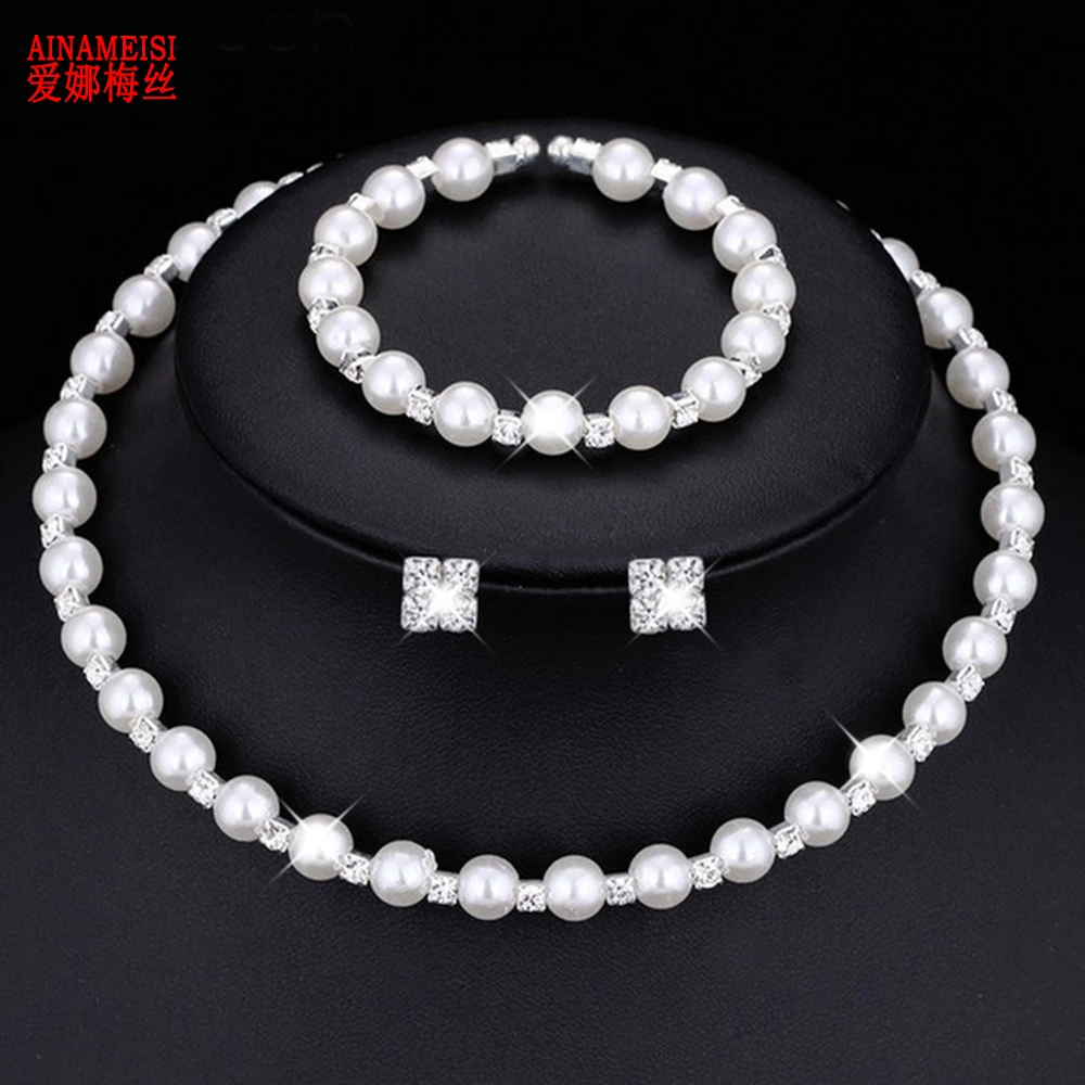 AINAMEISI Fashion Wedding Prom Bridal Pearl Jewelry Sets For Women Silver Plated Crystal Necklace Earrings Bracelet Jewelry set