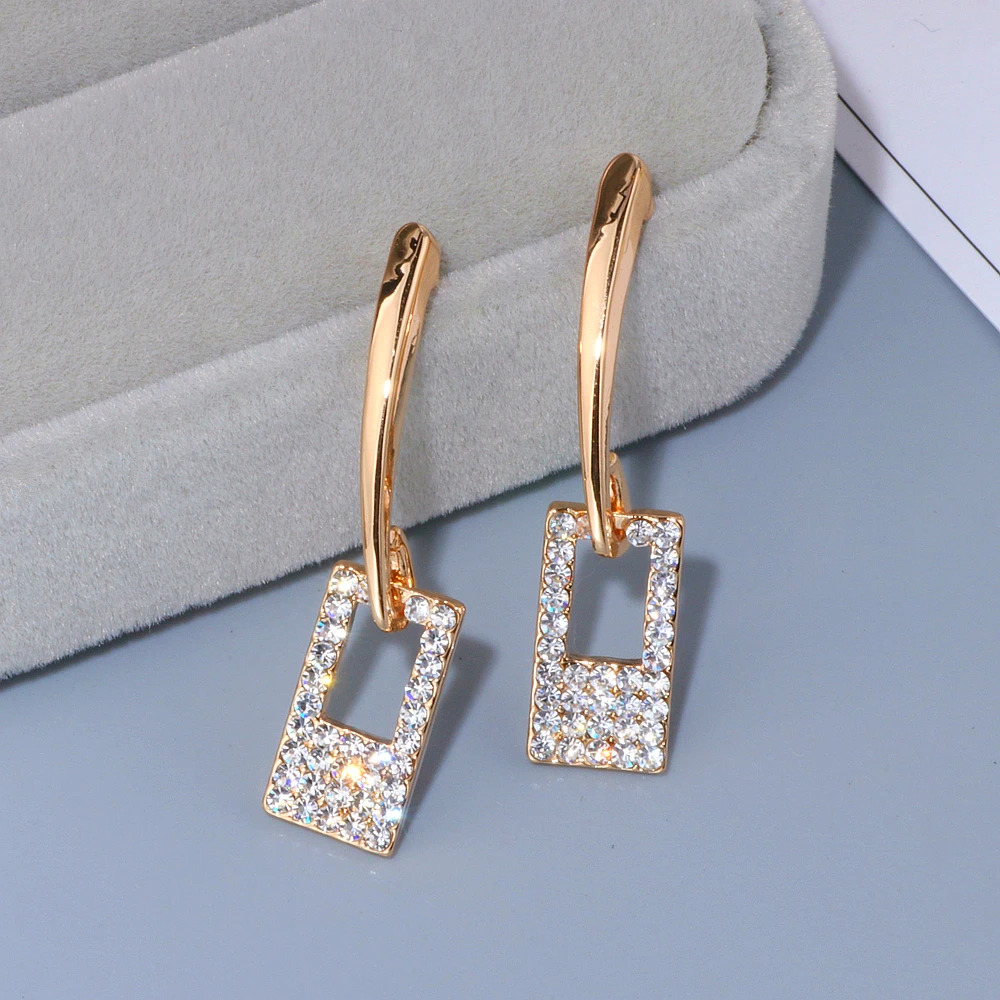 Luxury Classic Gold-Color Long Crystal Earring Brincos Simple Geometric Square Drop Earrings For Women Girls Jewelry Gifts WX092