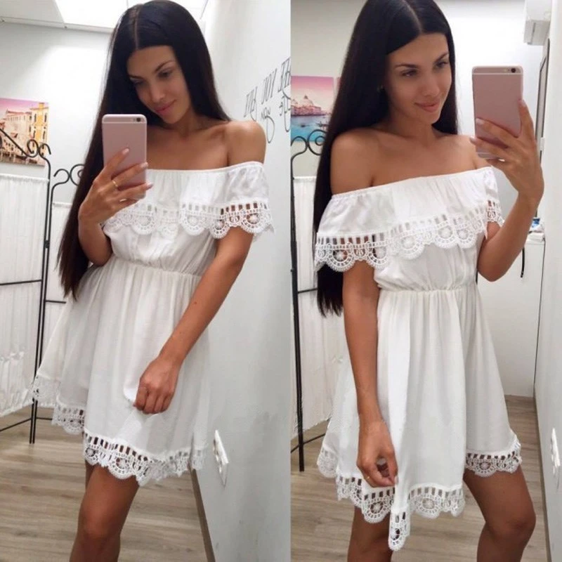 Fashion Women Elegant Vintage sweet lace white Dress Stylish Sexy Slash Neck Casual Slim Beach Summer Sundress Female vestidos