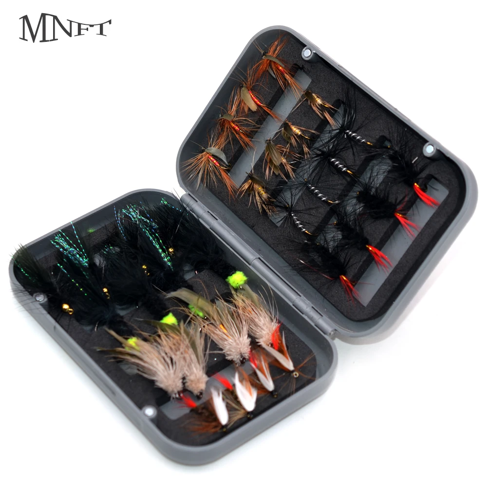 MNFT 32Pcs/Boxed Dry Fly Fishing Lure Dry Flies Fish Hook Lures Fishing Black Brown Wooly Bugger Streamer Fly Fishing Lures