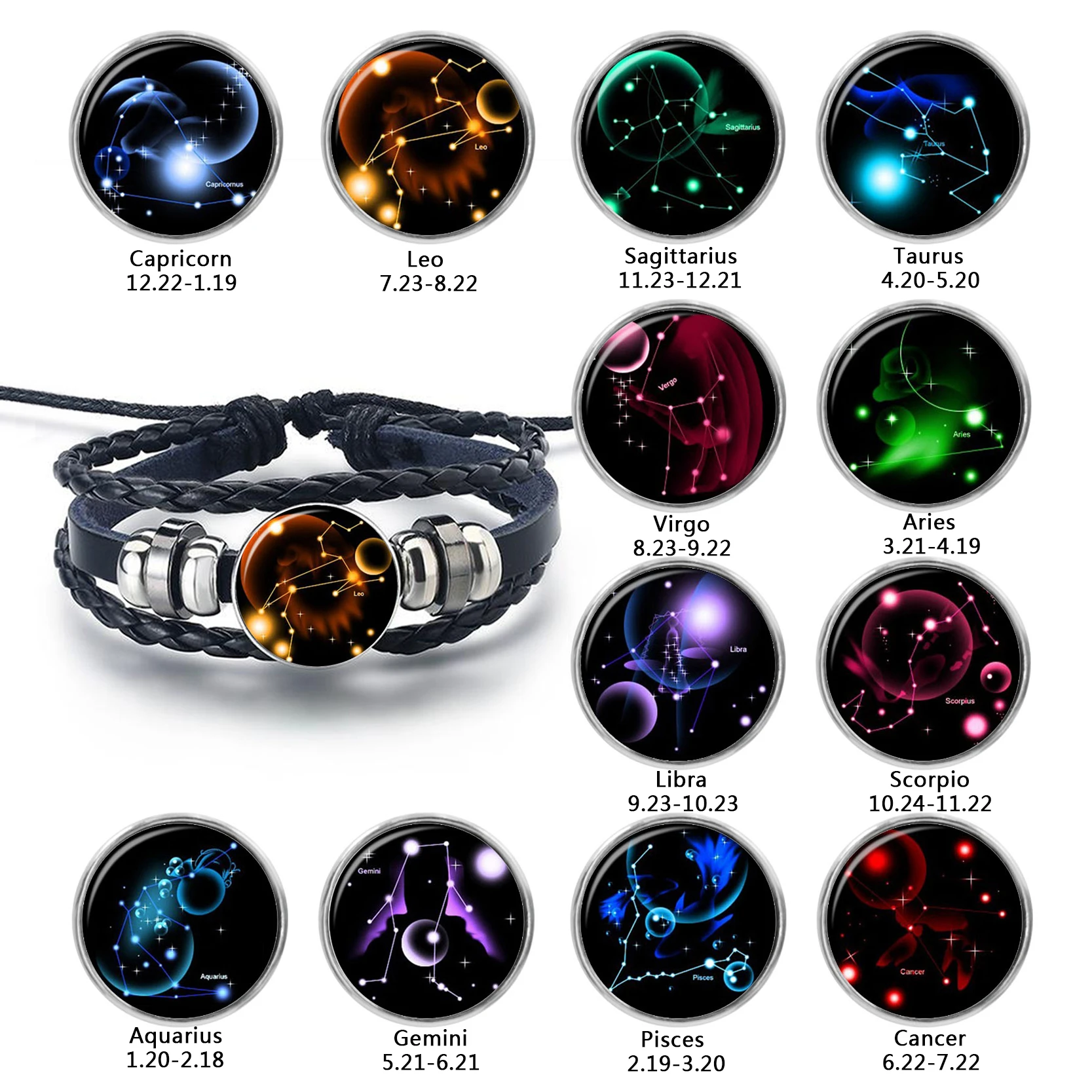 Zodiac Bracelet Charm Diy Jewelry Constellation Glass Metal Buckle Black Multilayer Leather Bracelet Women Men Gifts