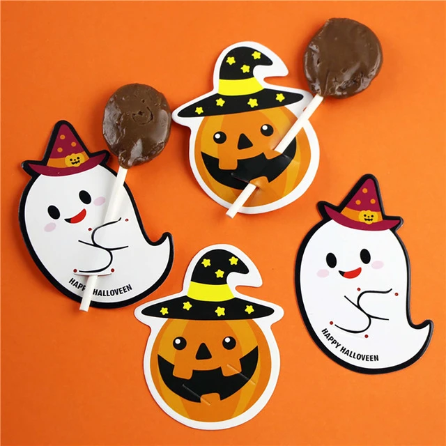50pcs/lot Cute Ghost Pumpkin Style DIY Halloween Gift Candy Decorations Paper Cards Lollipop Cards Children Day Party Suppliers