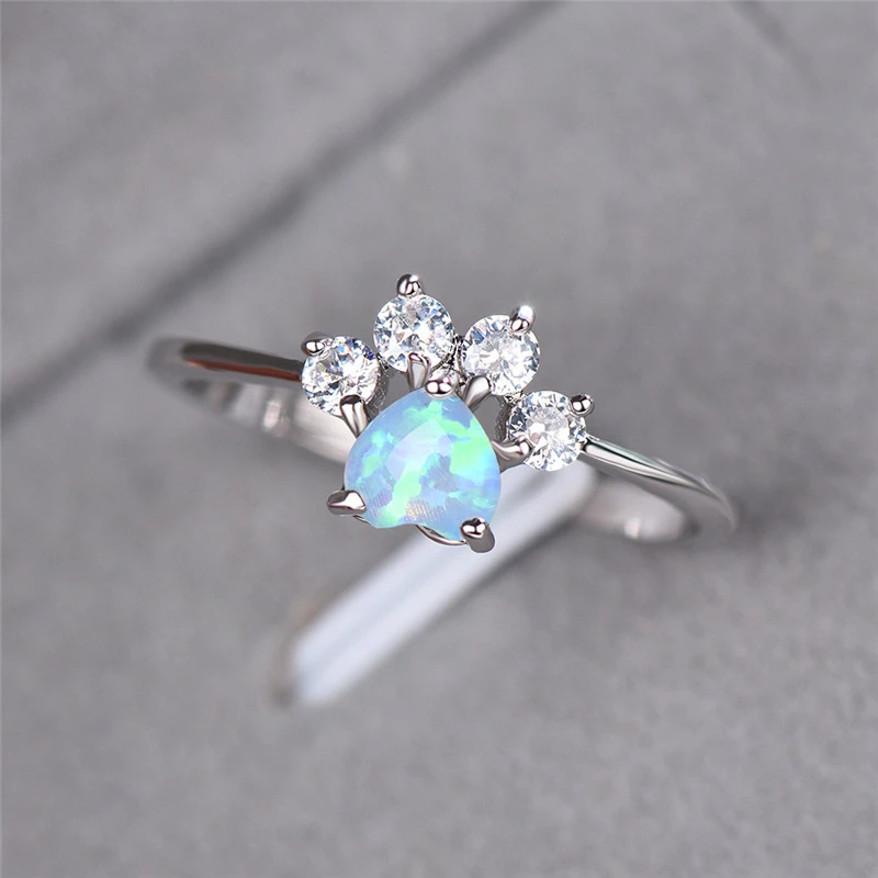 Cute Female Blue White Fire Opal Ring Crystal Zircon Heart Engagement Ring Vintage Dog Cat Paw Claw Rings For Women