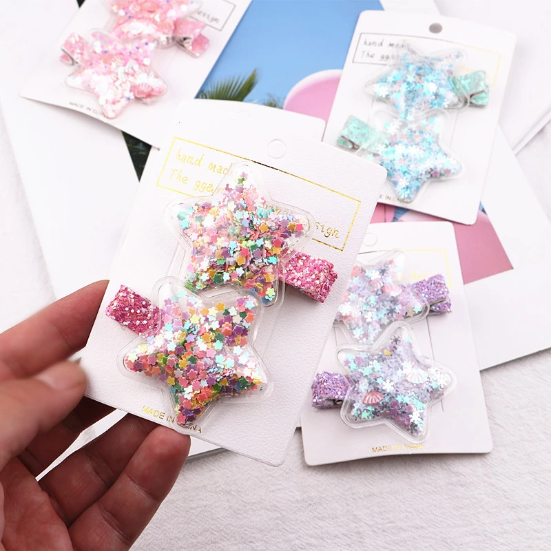 2pcs/lot Shining Star Hair Clip Quicksand Infant Hairpins Girl Star Clip Children Girls Sequins Hairpin Hair Accessories