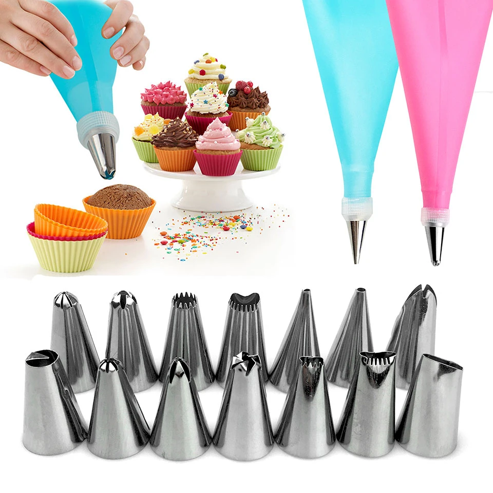New 16pcs/Set Confectionery Bag With Nozzles Icing Piping Tip Stainless Steel Cake Decorating Tool Pastry Cream Spout For Baking