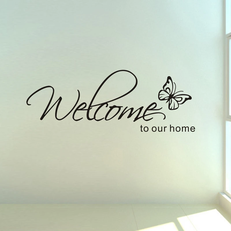 'Welcome To Our Home' Text Patterns wall sticker home decor living room Decals wallpaper bedroom Decorative butterfly Stickers