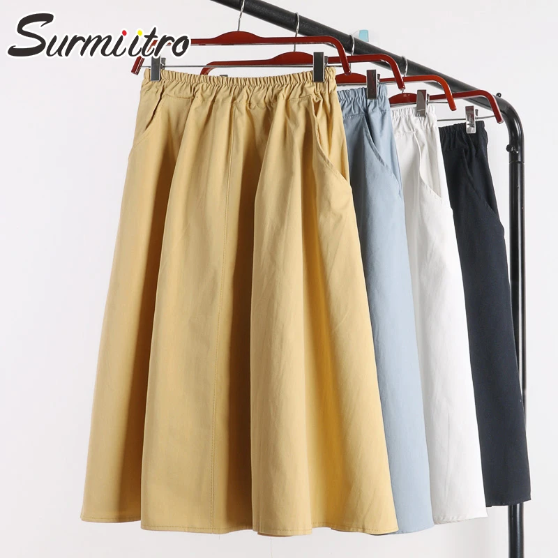 Surmiitro 100% Cotton Midi Summer Skirt Women 2021 Fashion Korean Pocket A-line Sun School Black White High Waist Skirt Female