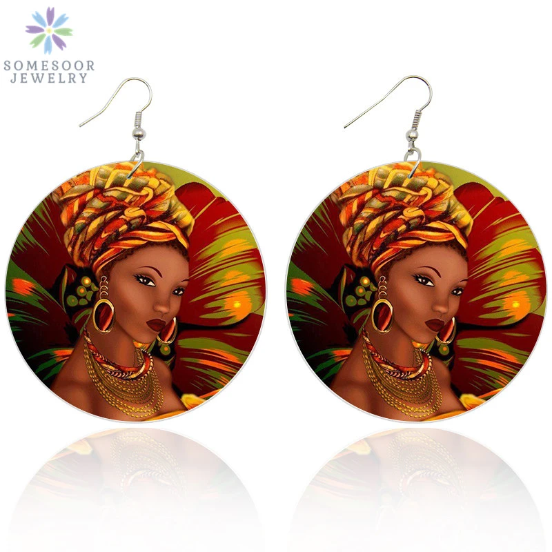 SOMESOOR Black Beauty Afro Art Wooden Drop Earrings African Flower Headwrap Woman 6cm Flat Round Handmade Dangle Jewelry Gifts