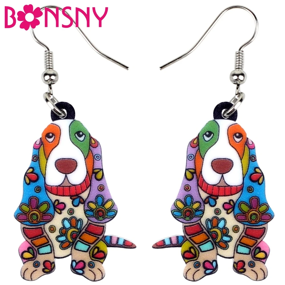 Bonsny Acrylic Floral Cartoon Basset Hound Dog Earrings Drop Dangle Animal Jewelry For Women Girls Teen Pet Lovers Bijoux Charms