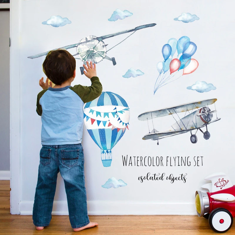 Watercolor airplane hot air balloon Wall Sticker kids baby rooms home decoration PVC Mural Decals nursery stickers wallpaper