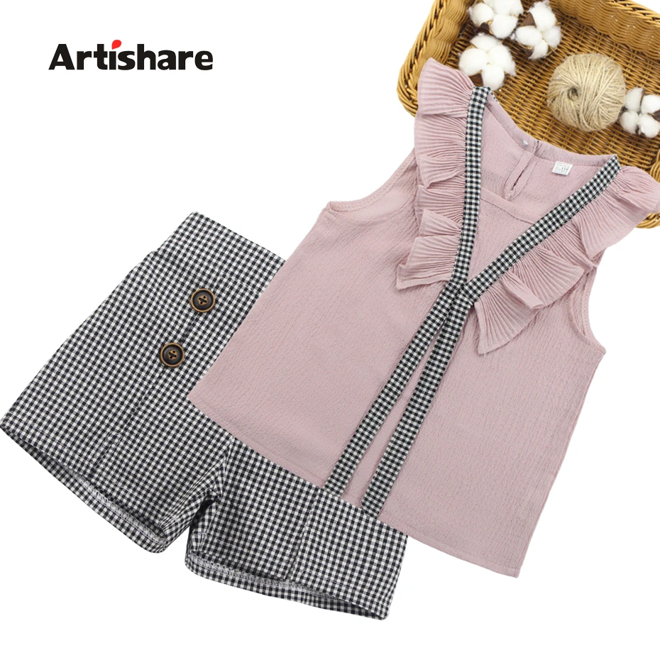 Girls Clothing Set 2019 Summer Girls Clothes Kids Vest + Plaid Shorts 2PCS Suits For Girls Clothes 6 7 10 11 12 14 Years