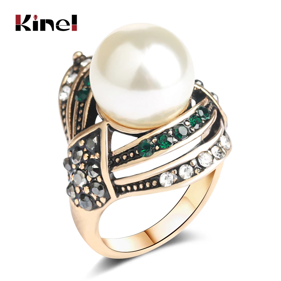 Kinel Vintage Jewelry Pearl Ring For Women Antique Gold Wedding Party Female Turkish Jewelry 2020 New