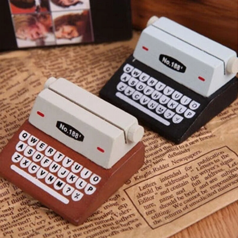 1PC Mini Retro Typewriter Desktop Figurines Wooden Message Note Clip Pictures Photo holder Home Decor Arts Crafts Kids Toys