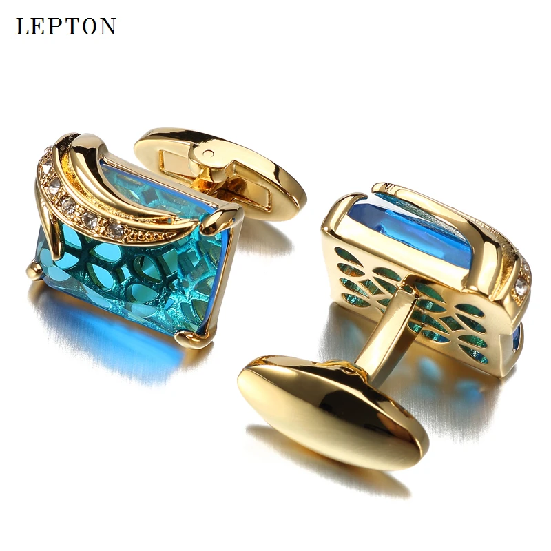 Low-key Luxury Blue Glass Cufflinks for Mens Lepton Brand High Quality Square Crystal Cufflinks Shirt Cuff Links Relojes Gemelos