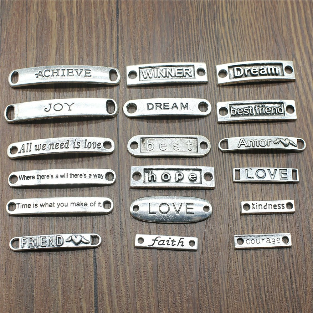 10pcs Word Charms Connector Antique Silver Color Love Dream Faith Courage Kindness Hope Connector Charms For Jewelry Making