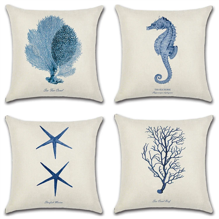 Hand-Painted Marine Coral/Starfish Prints 45*45cm Cushion Cover Linen Throw Pillow Car Home Decoration Decorative Pillowcase