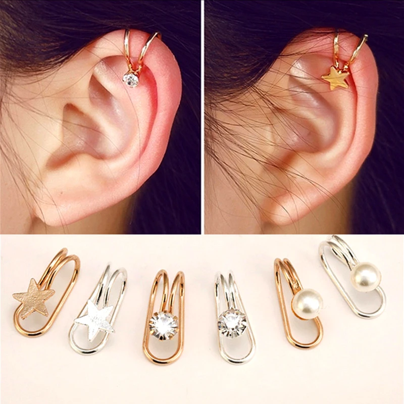 Ear Cuff U Star Moon Earring Punk Minimalist Women Metal Buckle Fake Piercing Ear Clip Without Puncture Pearl Earrings